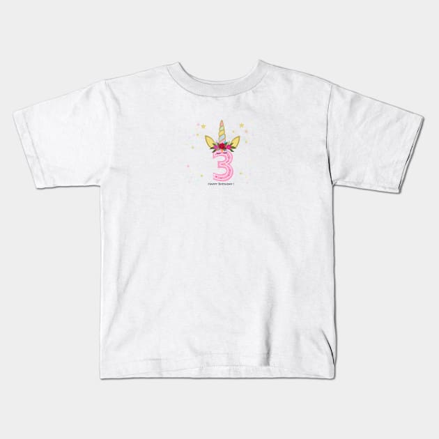 Third birthday candle. Three. Unicorn Birthday invitation. Party invitation greeting card Kids T-Shirt by GULSENGUNEL